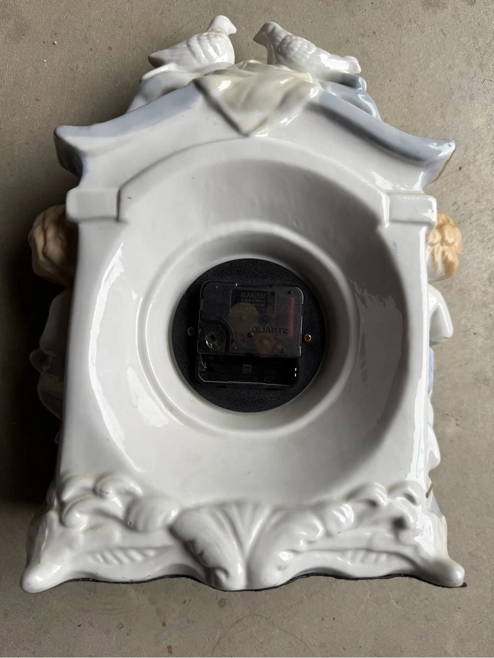 Porcelain Cherub Mantel Clock Wall Decor in White and Gold